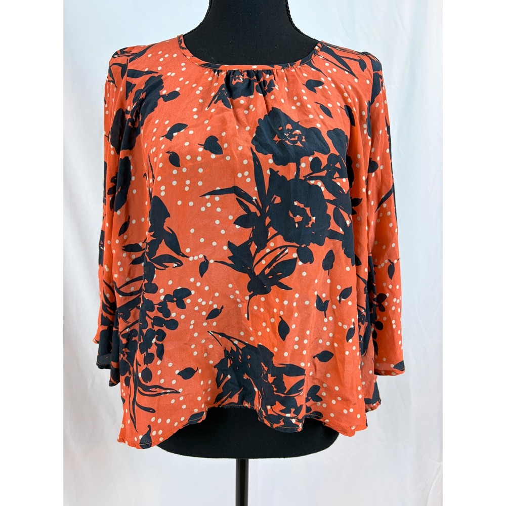 Trinity 100% Silk Blouse Orange Black Floral Polka Dot 3/4 Sleeve Small G11104